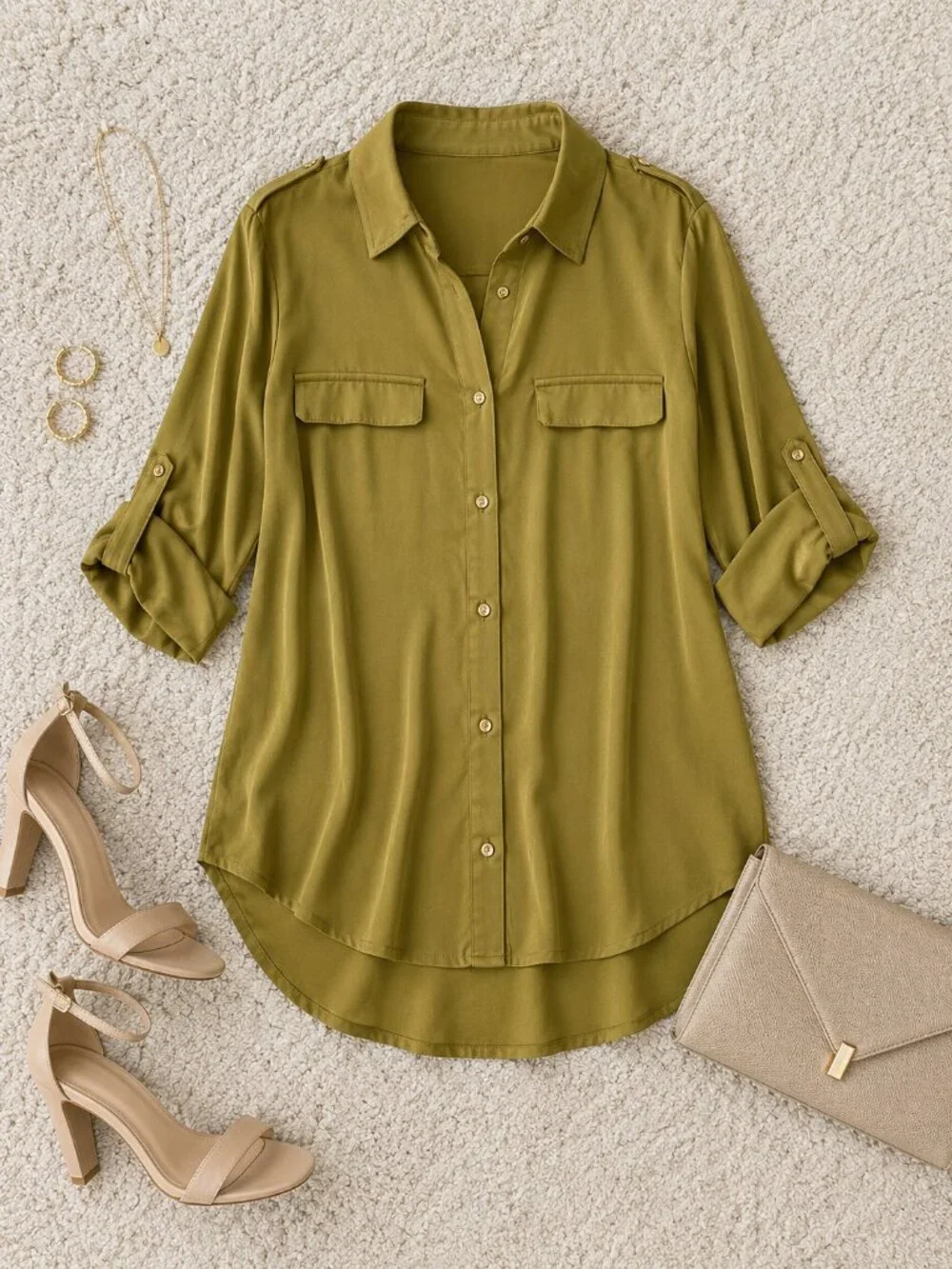 Grace Olive Button Down Collared Long Sleeve Top NWT - Picture 3 of 6